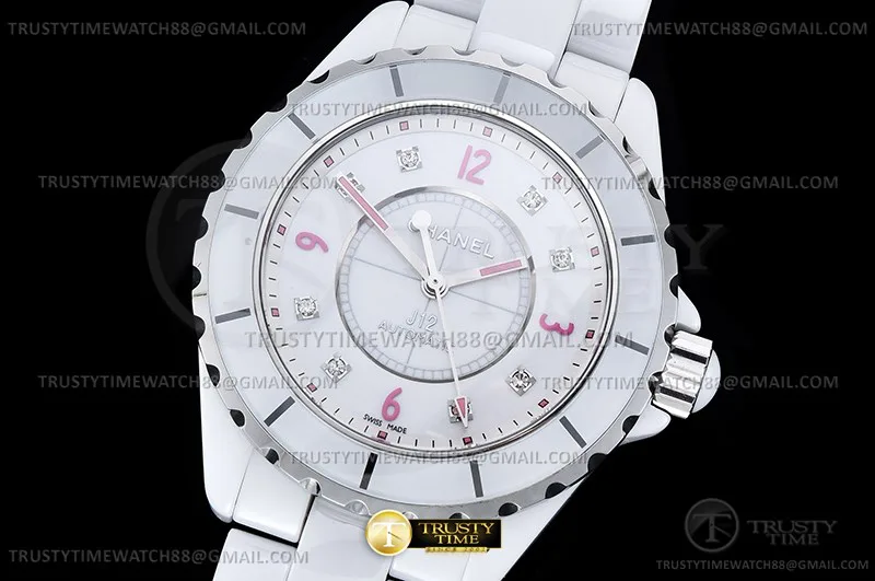CHA025A -XHANEL J-12 38mm Wht CER/CER Wht/Pink Num Dia HTF A2892
