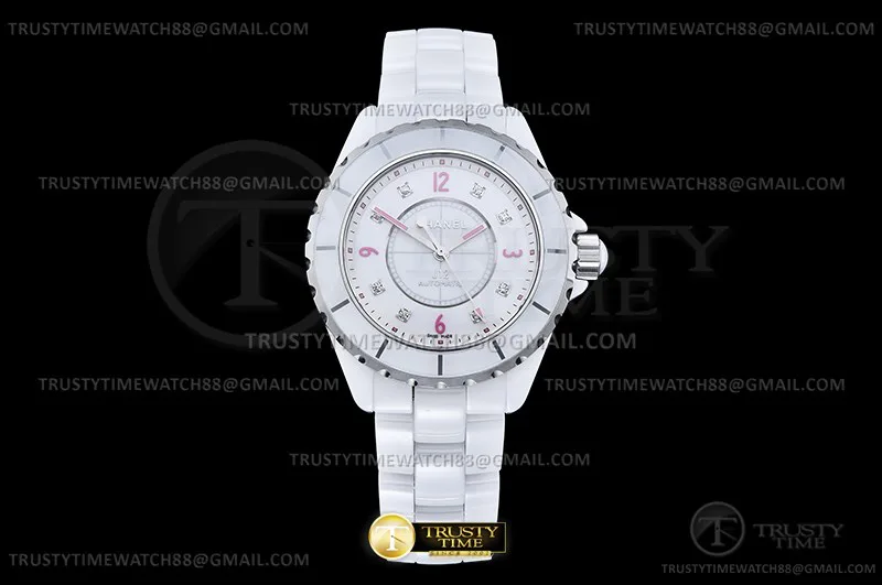 CHA025A -XHANEL J-12 38mm Wht CER/CER Wht/Pink Num Dia HTF A2892
