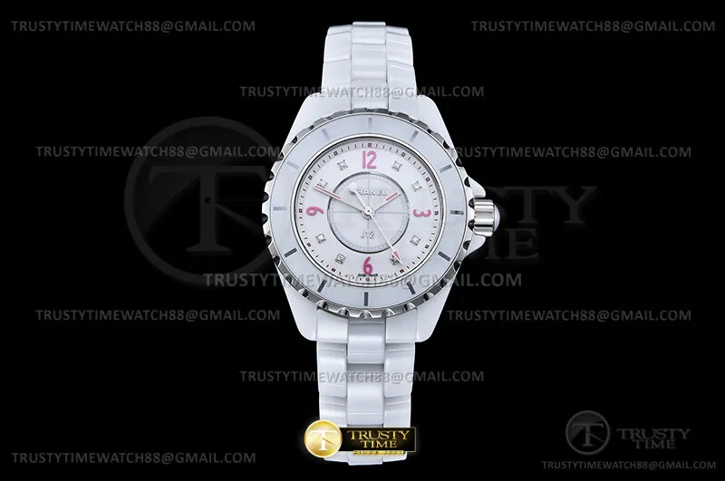 CHA027A -XHANEL J-12 33mm Wht CER/CER Wht/rosa Num Dia HTF Qtz
