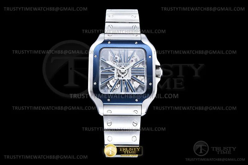 CAR0633 - Santos De Cartier Skele Blue SS/SS Ske MLF 9611MC